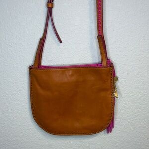 Fossil Tan and Pink Leather Crossbody Bag